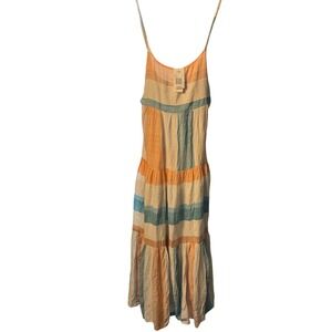 L*Space Santorini Dress Large Multi Color Striped Tiered Maxi Tie Back SNRDR22